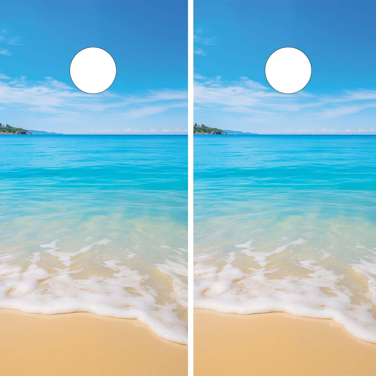 Cornhole wraps featuring a beach scene