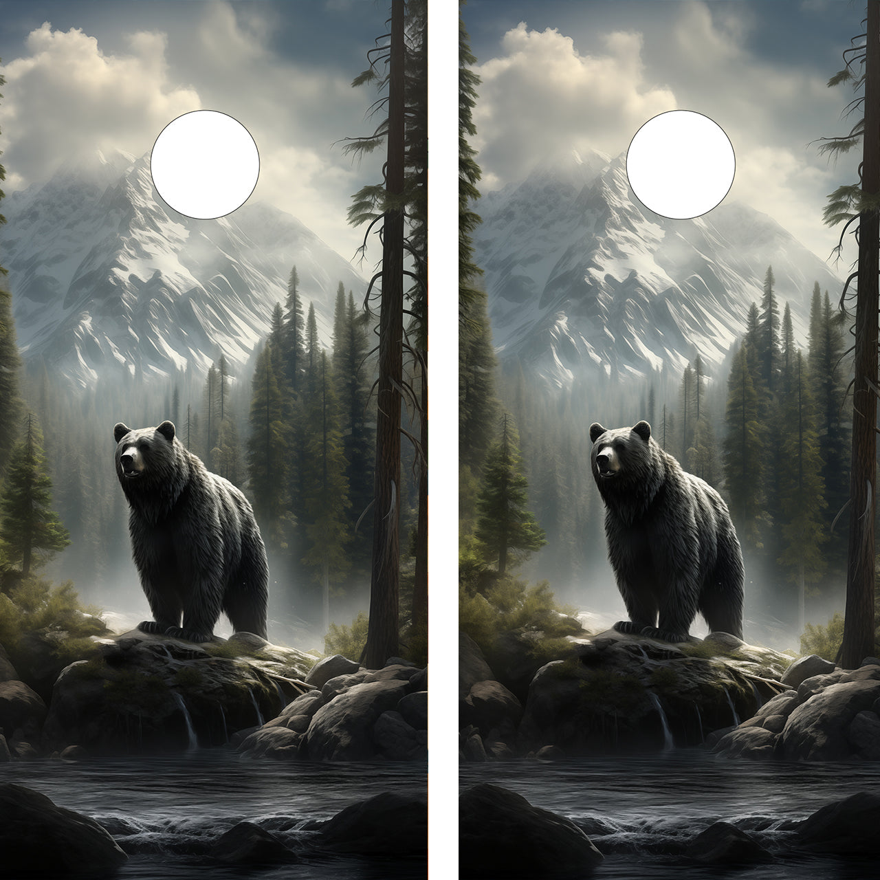 cornhole wraps featuring a bear in the woods