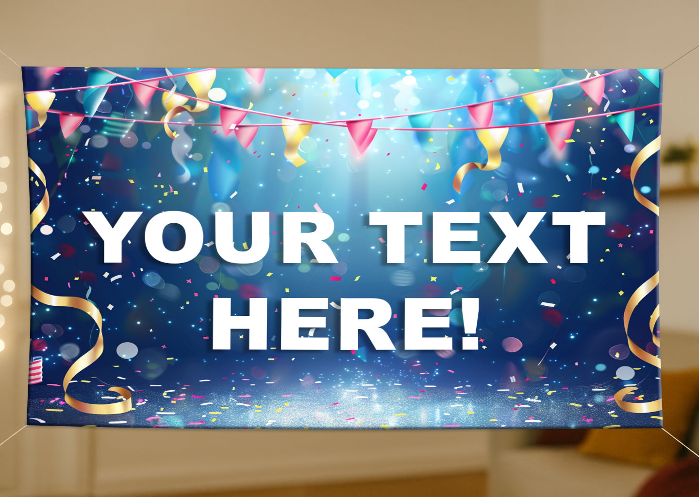 Decorative banner with confetti, streamers, and text placeholder 'YOUR TEXT HERE!' on a blue background.
