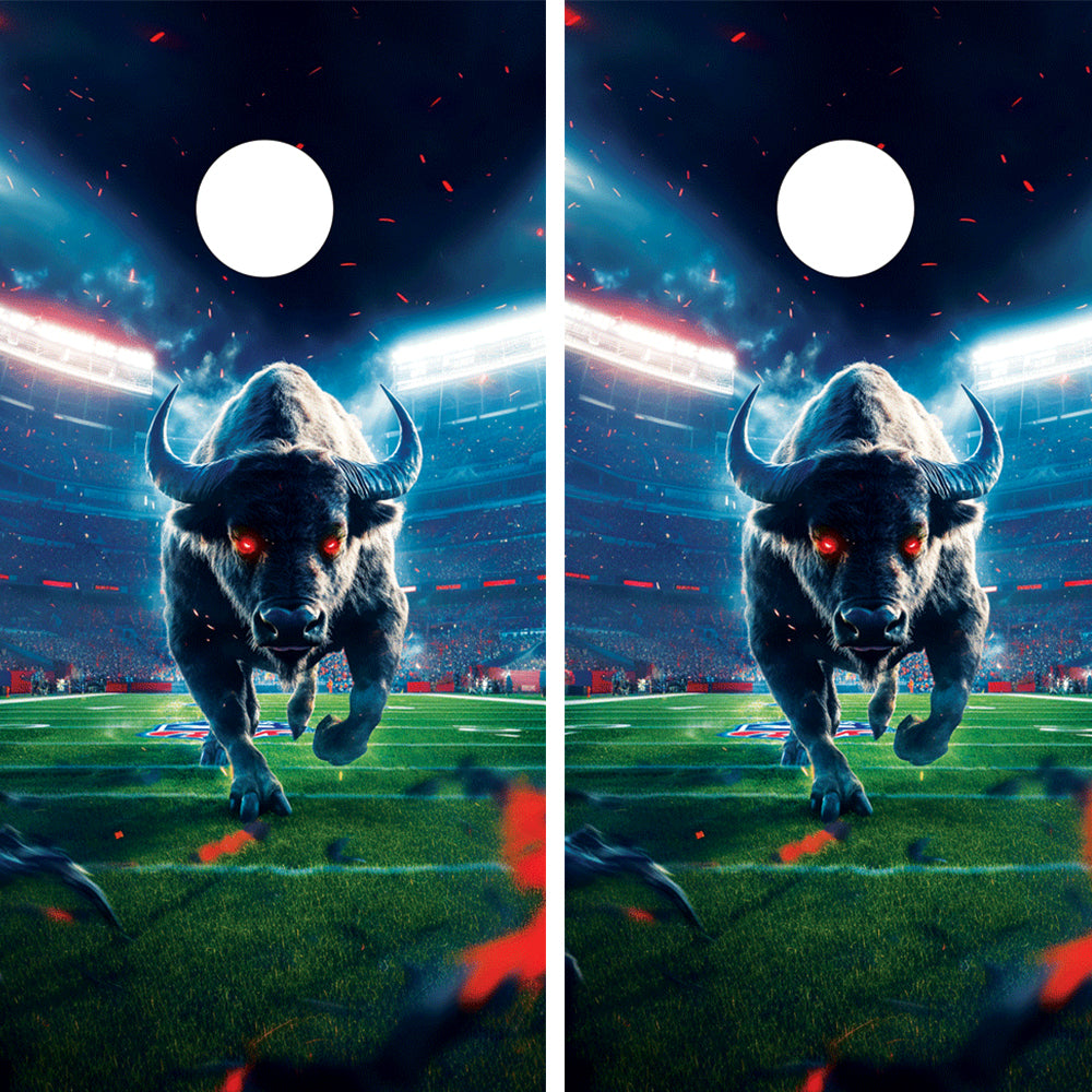 Cornhole wraps featuring a buffalo on a football field