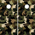 cornhole wraps featuring a brown and green camouflage design
