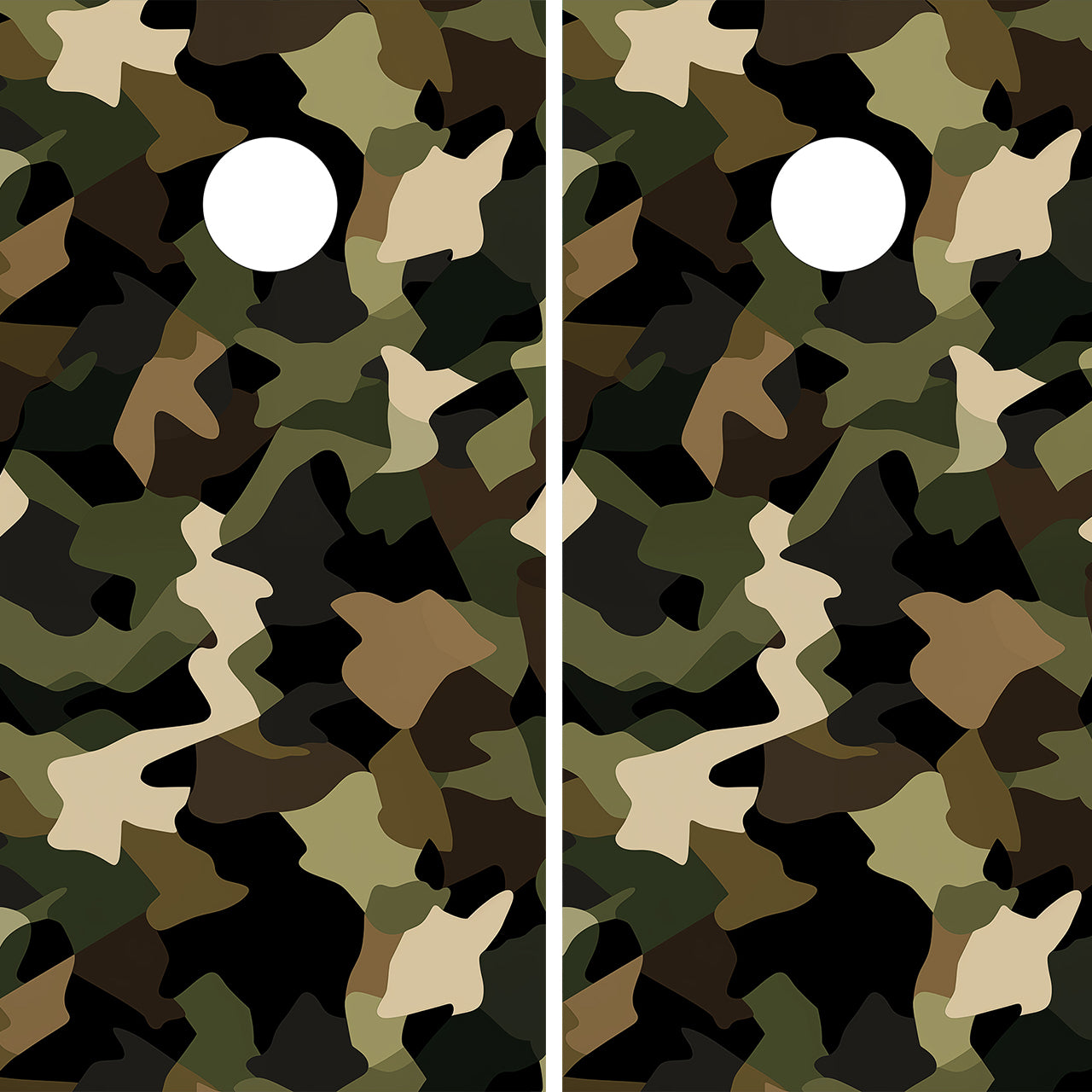 cornhole wraps featuring a brown and green camouflage design