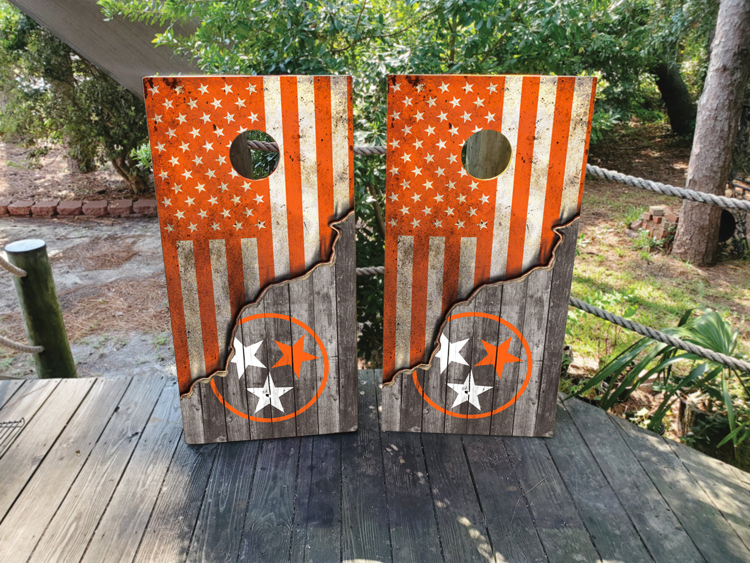 Cornhole wraps featuring a Tennessee State Flag and USA Flag in TN Volunteers colors