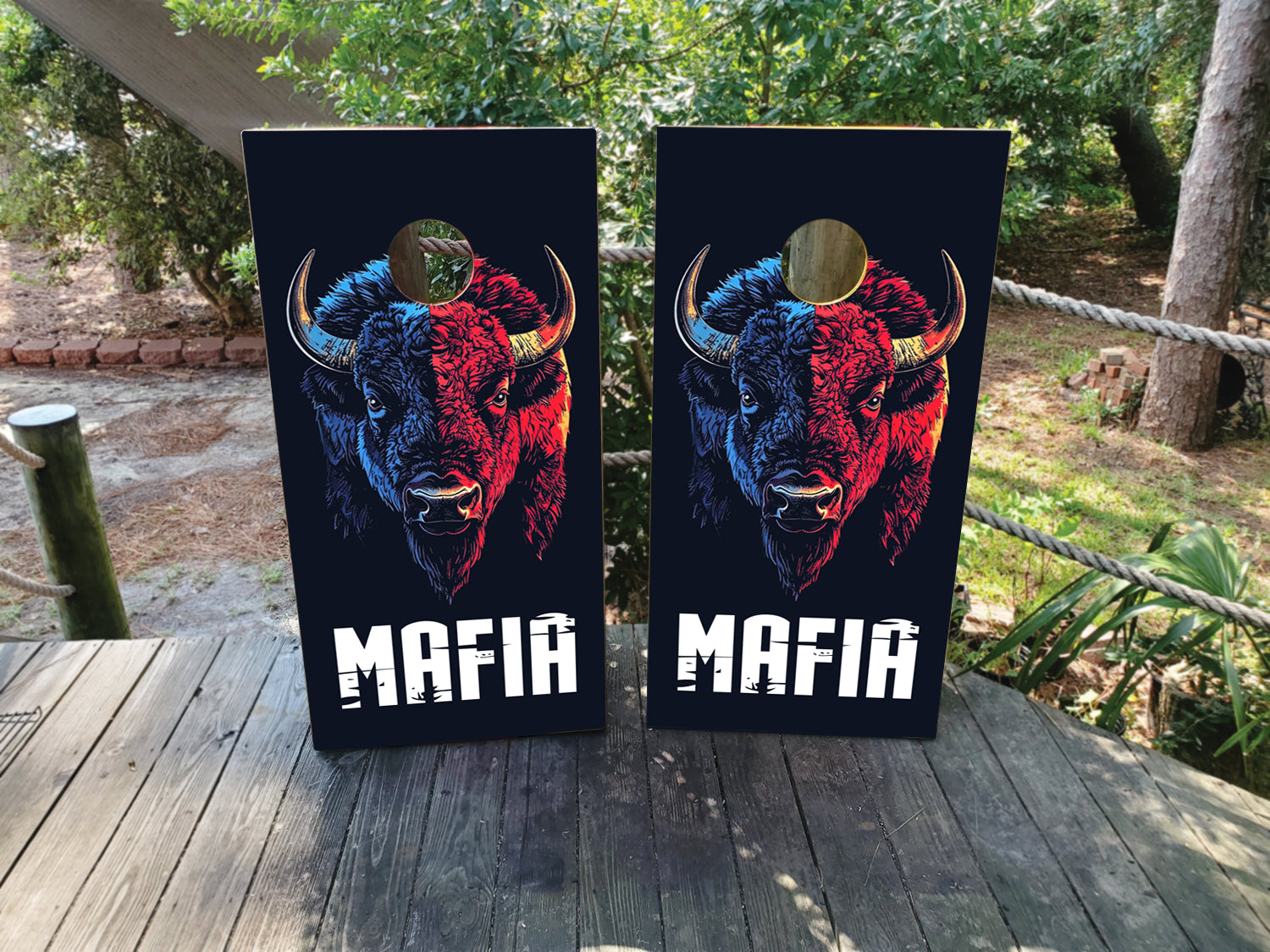 cornhole wraps featuring a bills mafia design