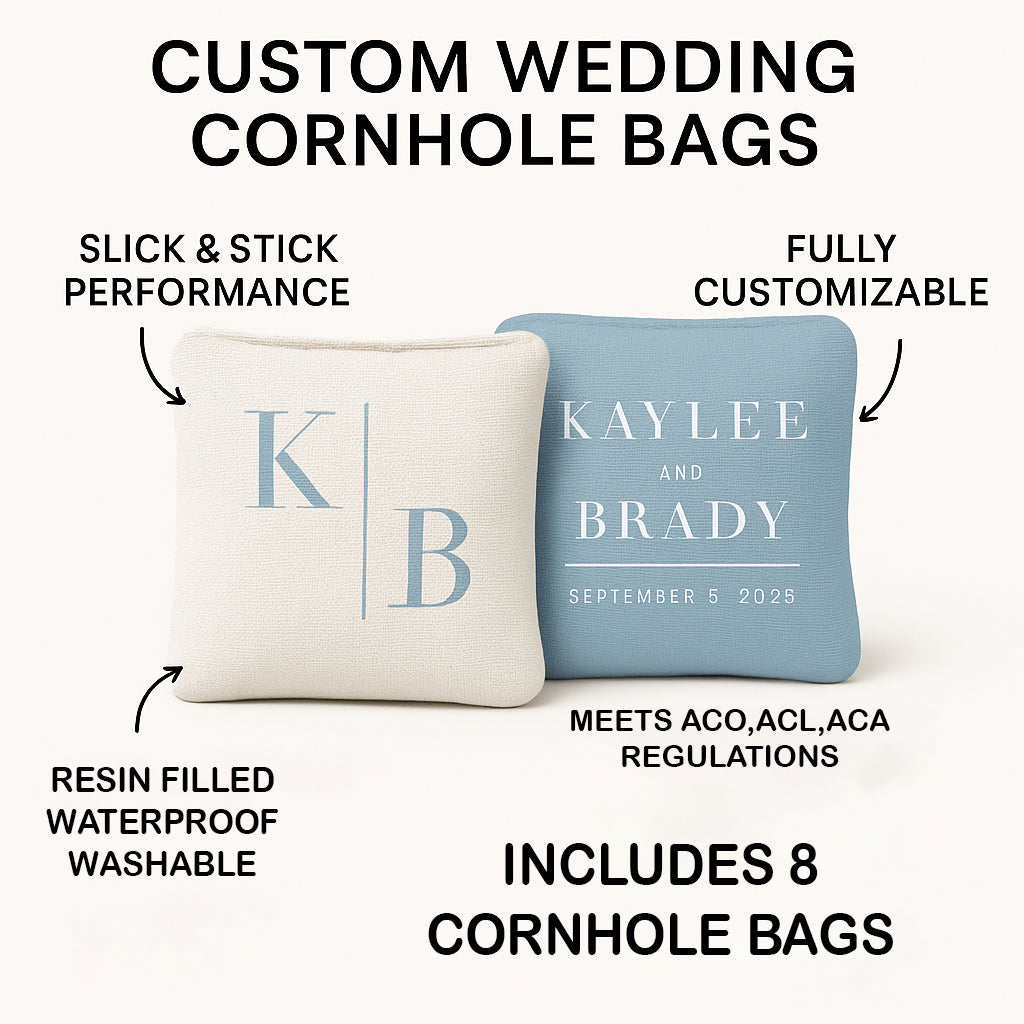 Two cornhole bags with personalized text on a white background, featuring text about custom wedding cornhole bags.