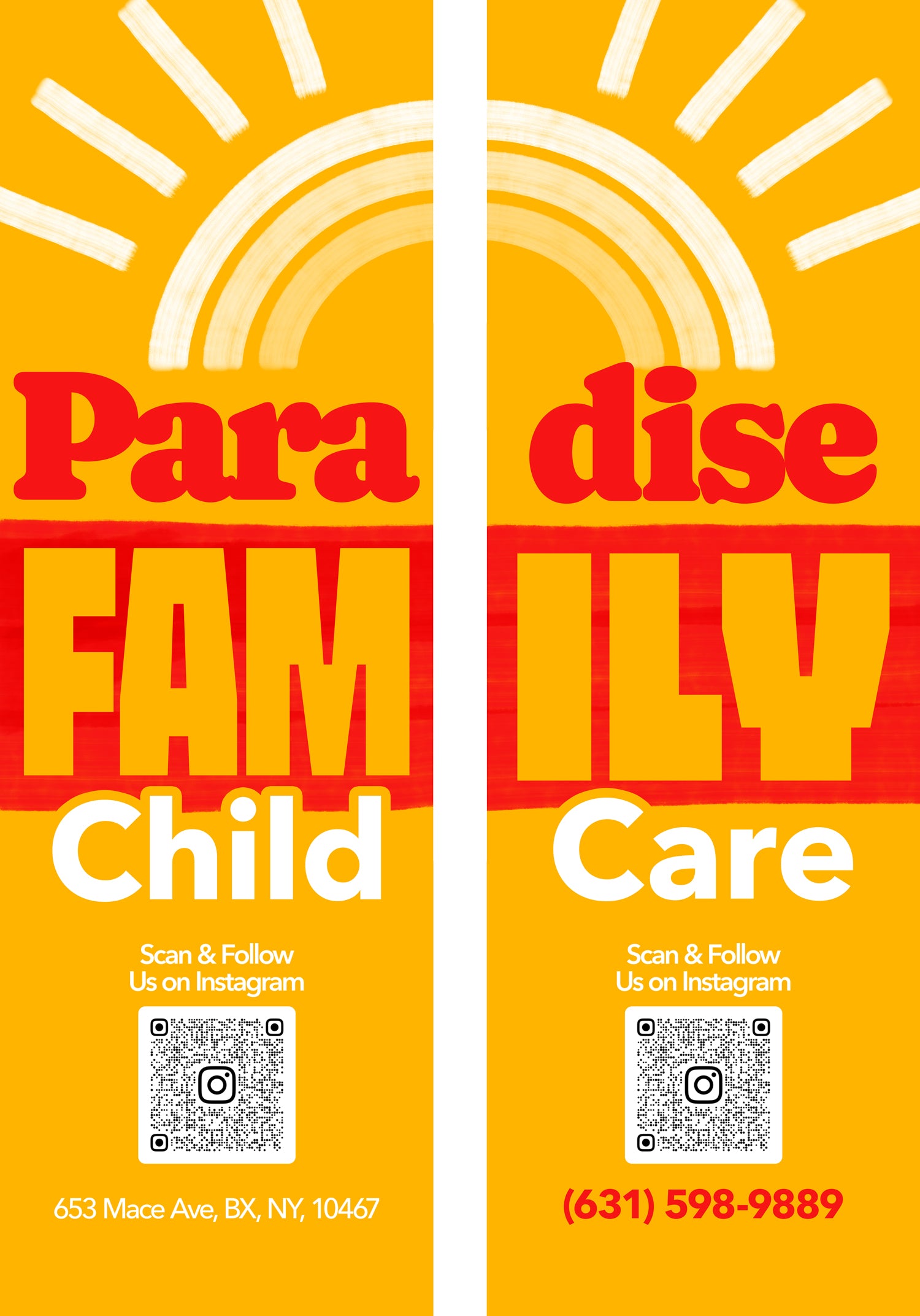 Two door signs for 'Paradise Family Child Care' with a sun graphic and contact information.