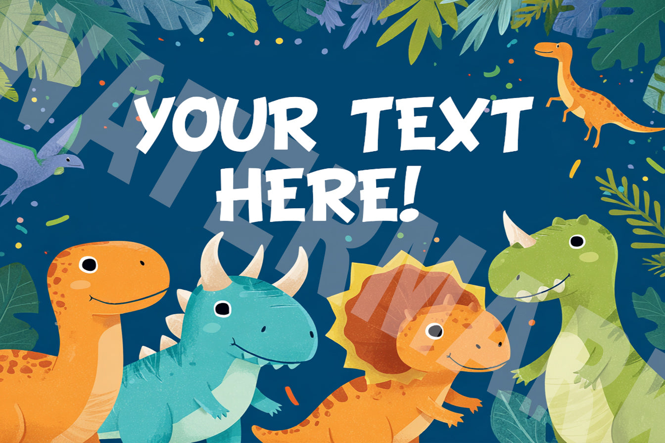 Cartoon dinosaurs with a customizable text area on a blue background