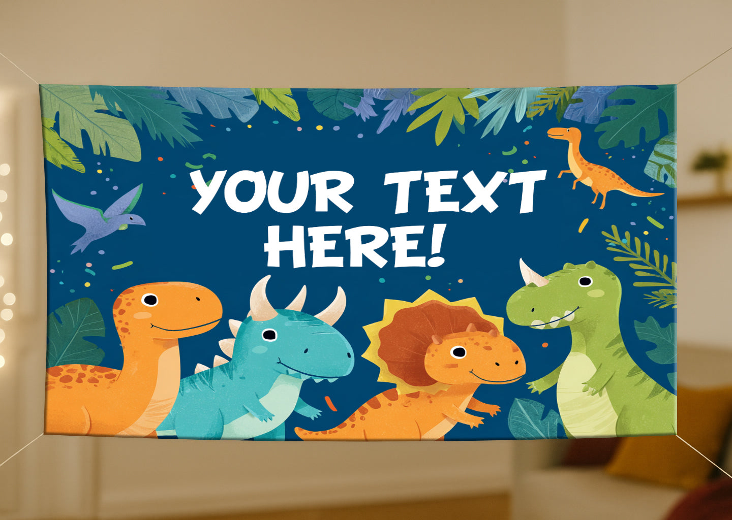 Children's BANNER with cartoon dinosaurs and space for CUSTOM text on a blue background