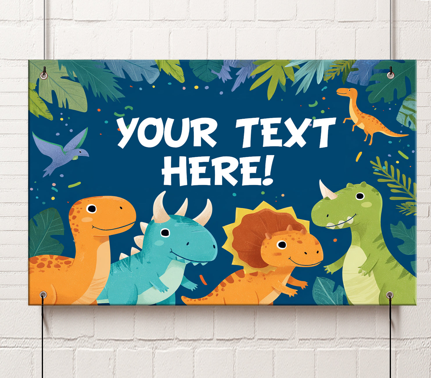 Children's banner with colorful dinosaurs and space for text on a white brick wall background
