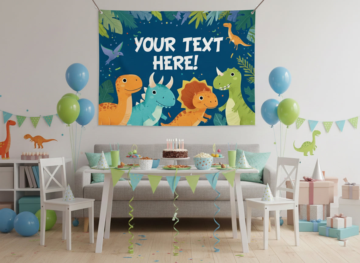 Dinosaur-themed party setup with balloons and a banner in a room.
