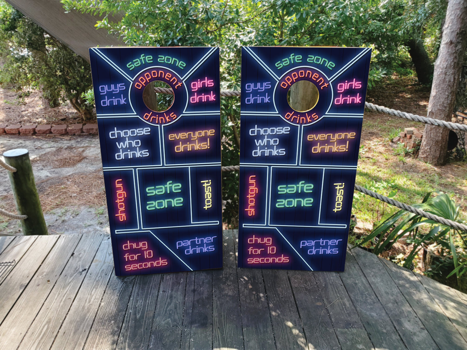 cornhole wraps featuring a neon drinking game design