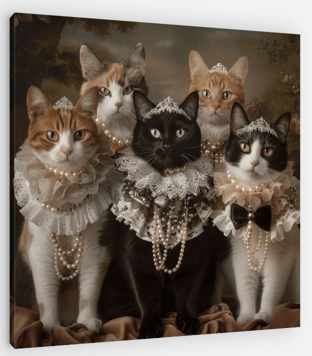 Funny cat family portrait canvas wall art with Victorian style dressed cats