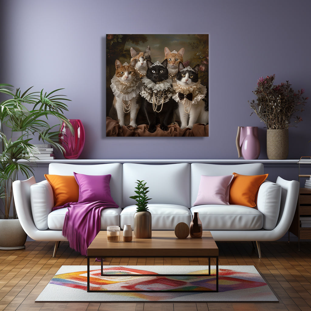 Funny cat family portrait canvas wall art with Victorian style dressed cats