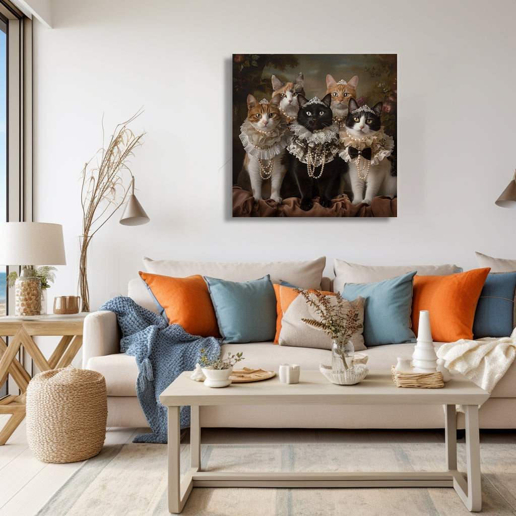 Funny cat family portrait canvas wall art with Victorian style dressed cats