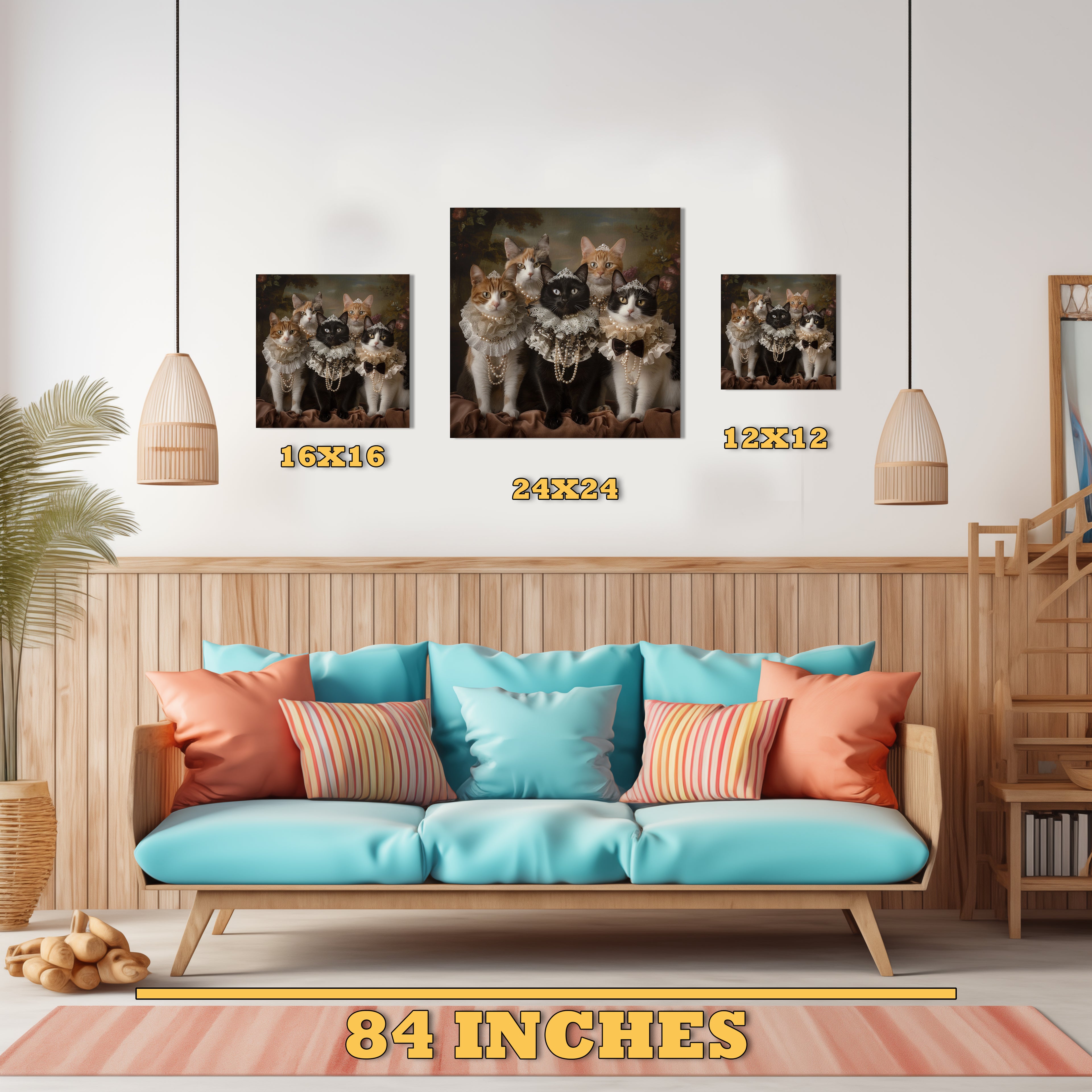 Funny cat family portrait canvas wall art with Victorian style dressed cats in 3 sizes