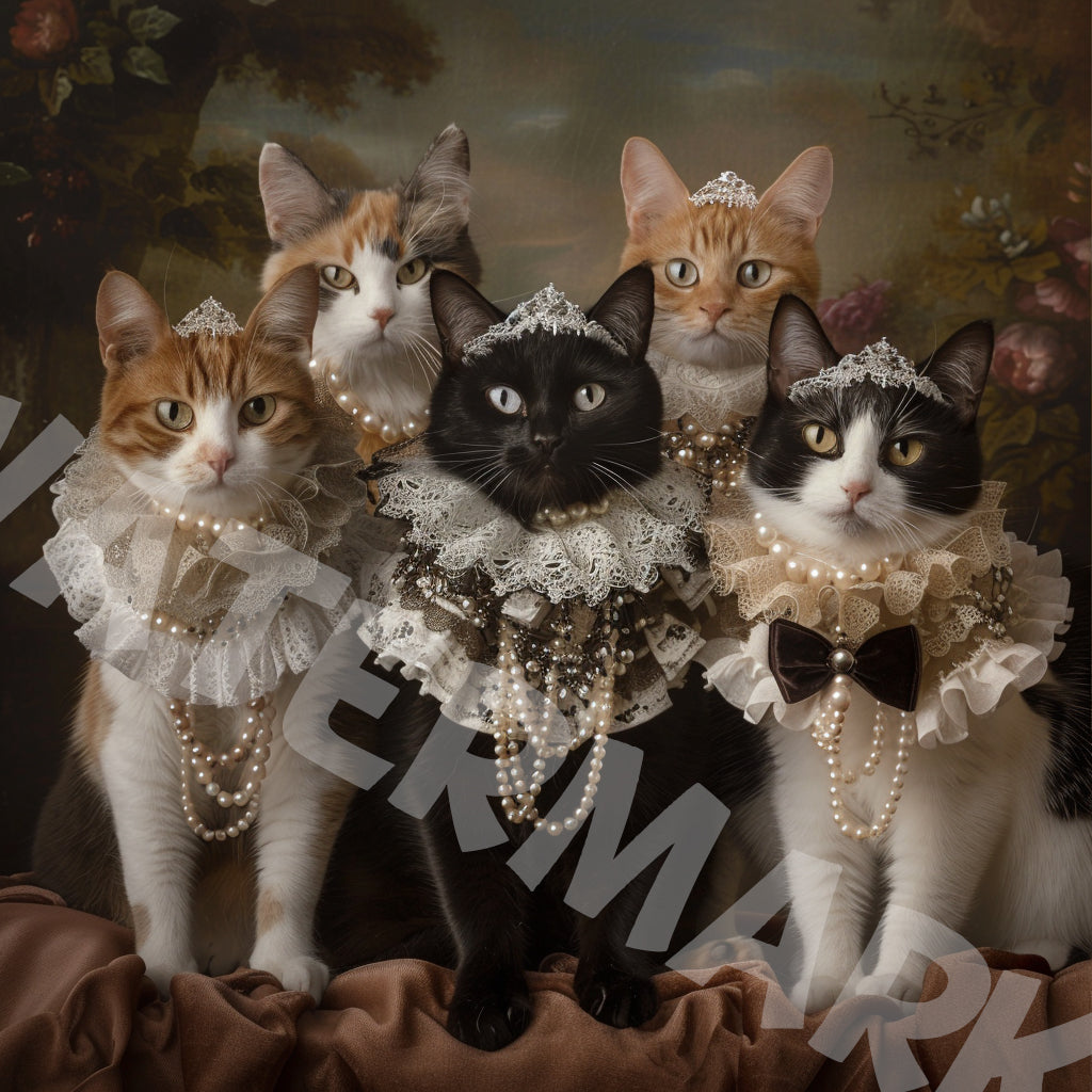 Funny cat family portrait canvas wall art with Victorian style dressed cats