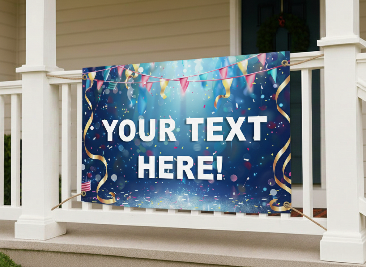 Decorative banner with confetti and text 'Your Text Here!' on a porch.