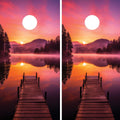 cornhole wraps featuring  a dock on a lake with a sunset sky.