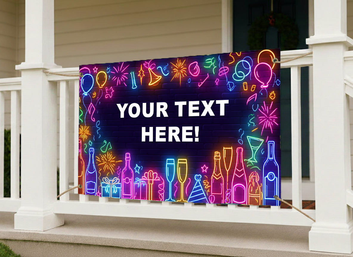 Decorative banner with neon lights and text placeholder on a porch