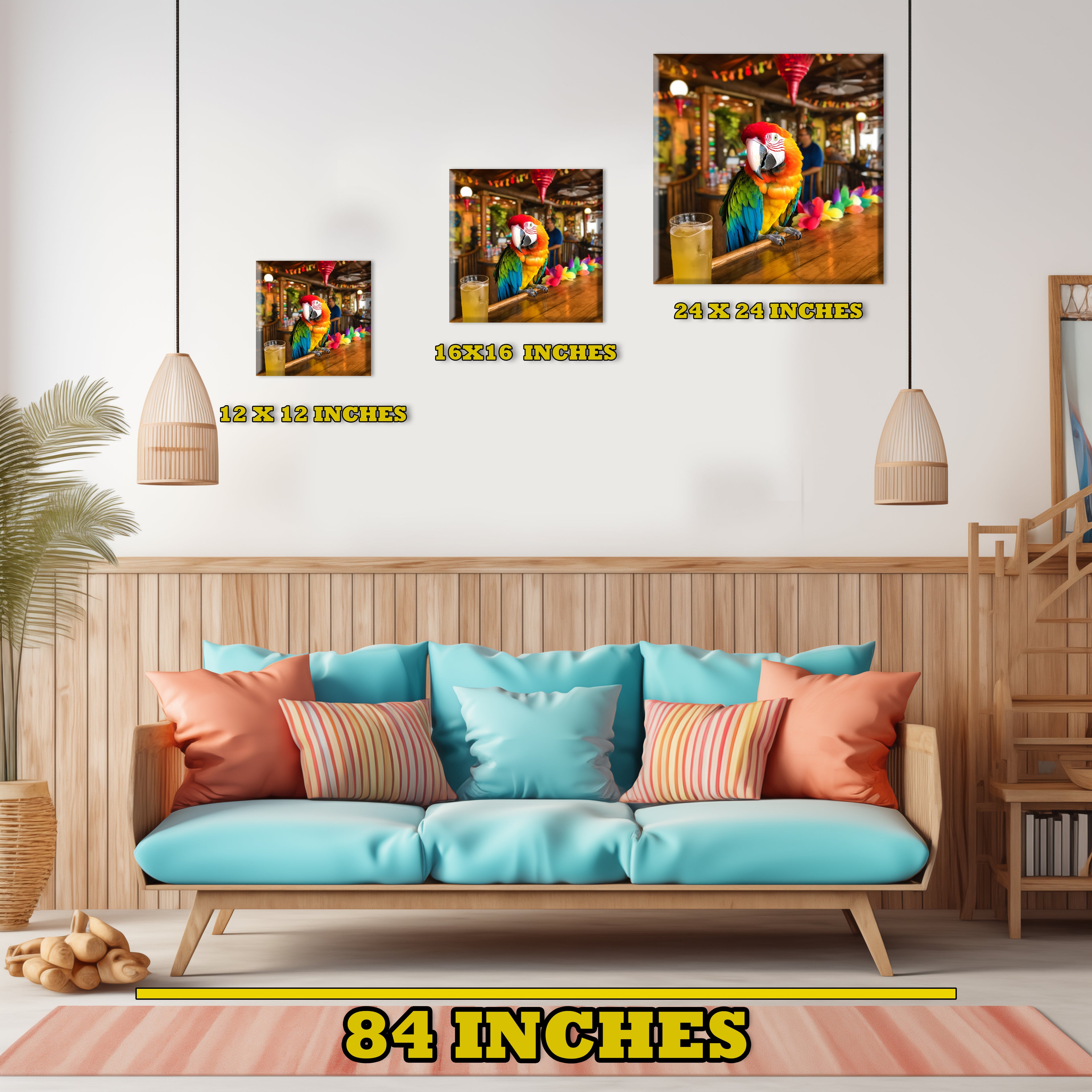 Living room with a blue sofa, colorful pillows, and wall art of parrots.