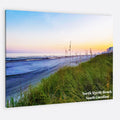 Beach scene with grass and water, featuring 'North Myrtle Beach, South Carolina' text.