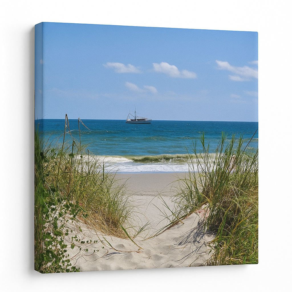 North Myrtle Beach canvas wall art featuring sand dunes, ocean waves, and a sailboat