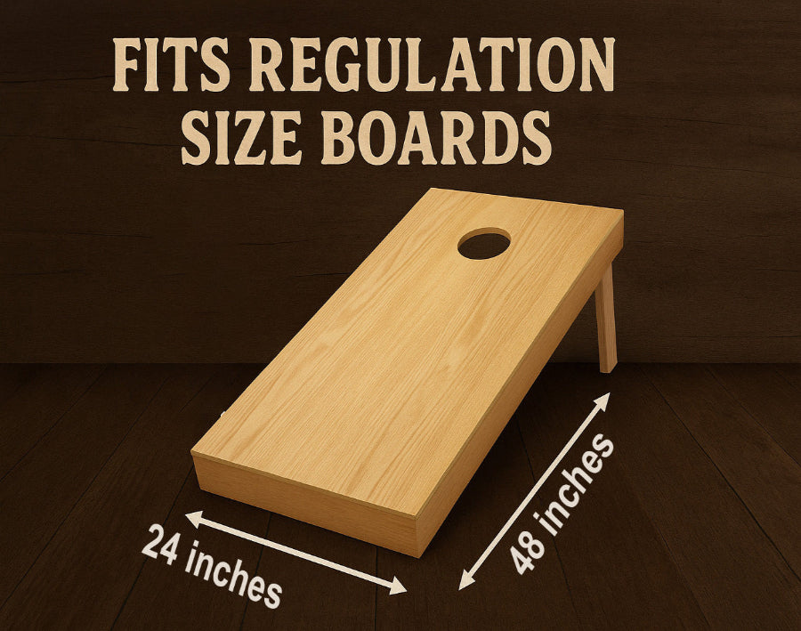 Wooden cornhole board with dimensions on a wooden background