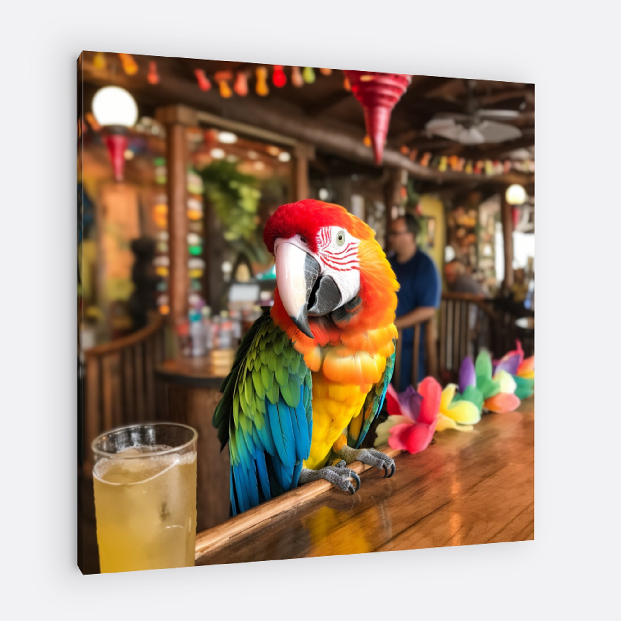 Colorful parrot perched on a bar counter with a drink in a lively bar setting