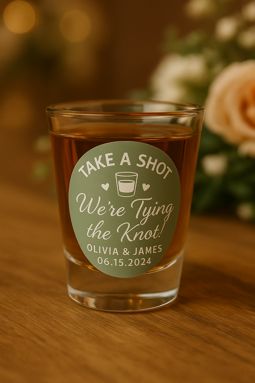 Custom wedding shot glass with green Take a Shot We’re Tying the Knot sticker personalized with couple names and wedding date