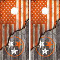 Cornhole Wraps featuring a TN state flag in Tennessee Volunteers colors and USA flag