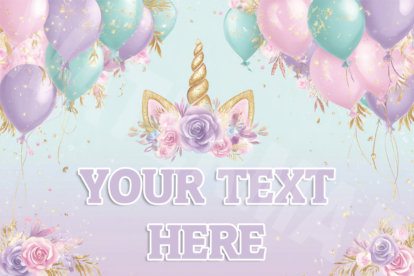 Banner featuring Pastel-colored balloons and flowers with a unicorn horn on a light blue background, featuring text placeholder 'YOUR TEXT HERE'.