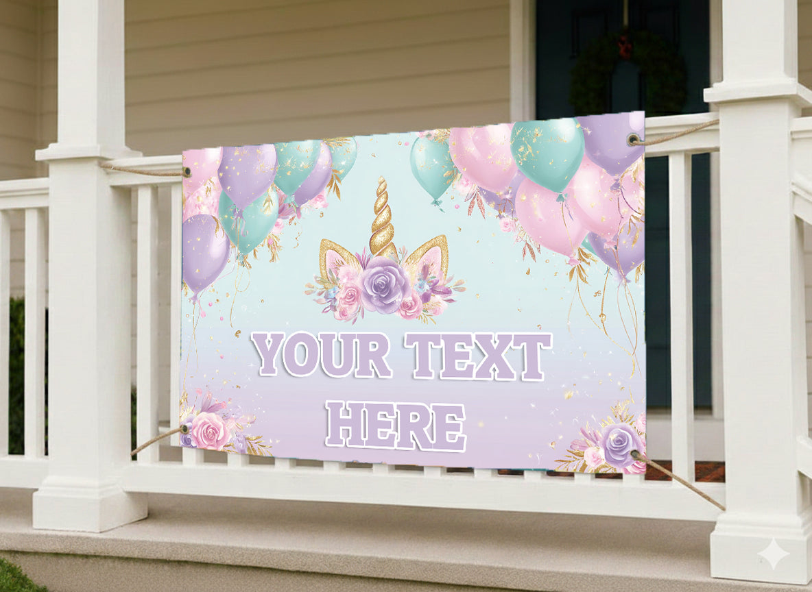 Decorative banner with unicorn and balloons on a porch