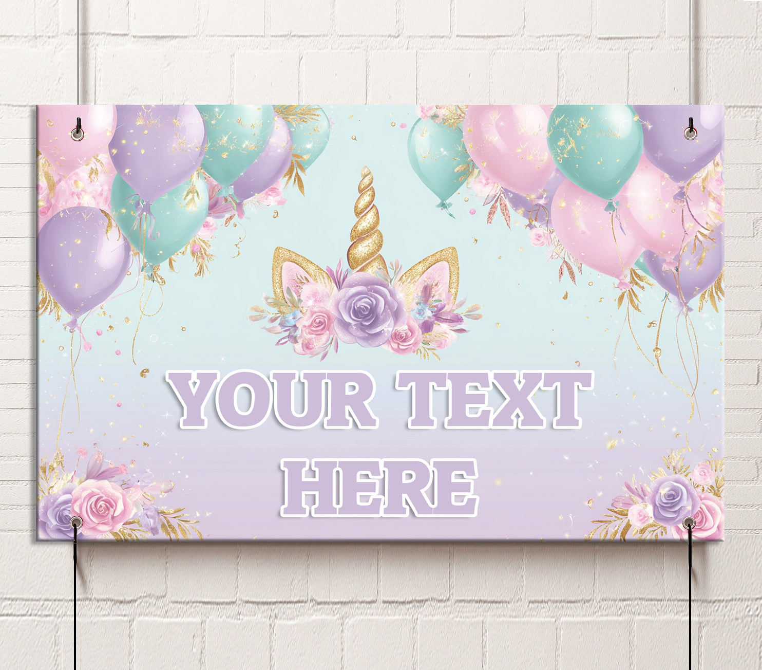 Decorative banner with unicorn horn and ears, balloons, and text placeholder on a light blue background.