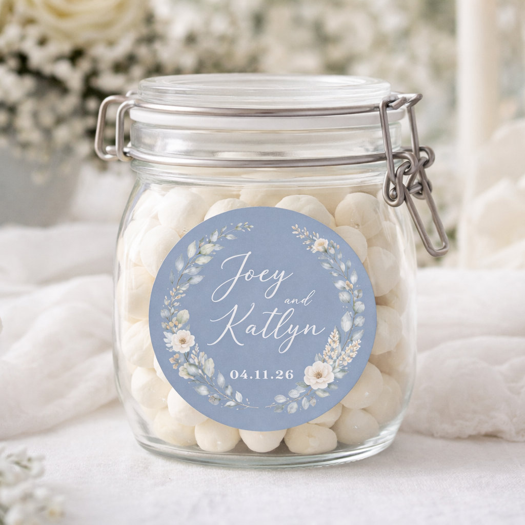 Personalized wedding decal on glass jar, custom glossy vinyl sticker for wedding favors and thank you gifts