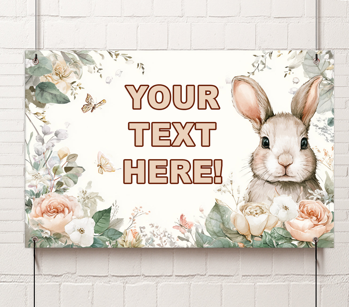 Custom banner with a rabbit and floral design on a white brick wall background