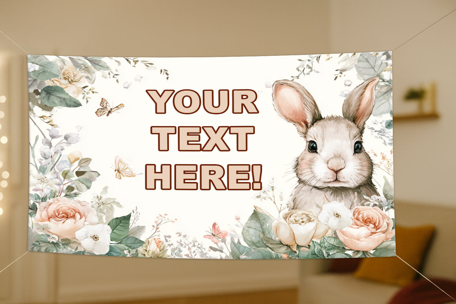 Decorative banner with a rabbit and floral design and custom text