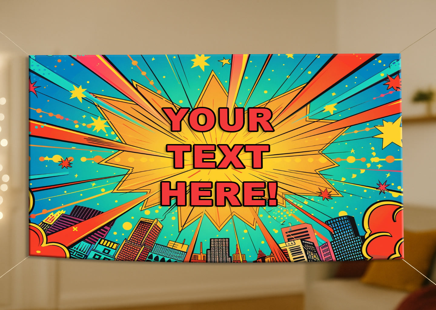 Colorful comic-style banner with 'YOUR TEXT HERE!' text on a wall.