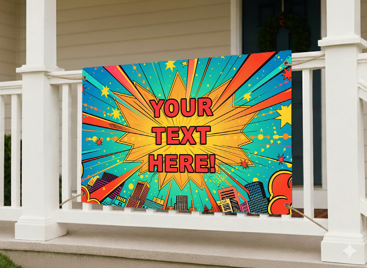 Colorful banner in a comic book theme with custom  text 