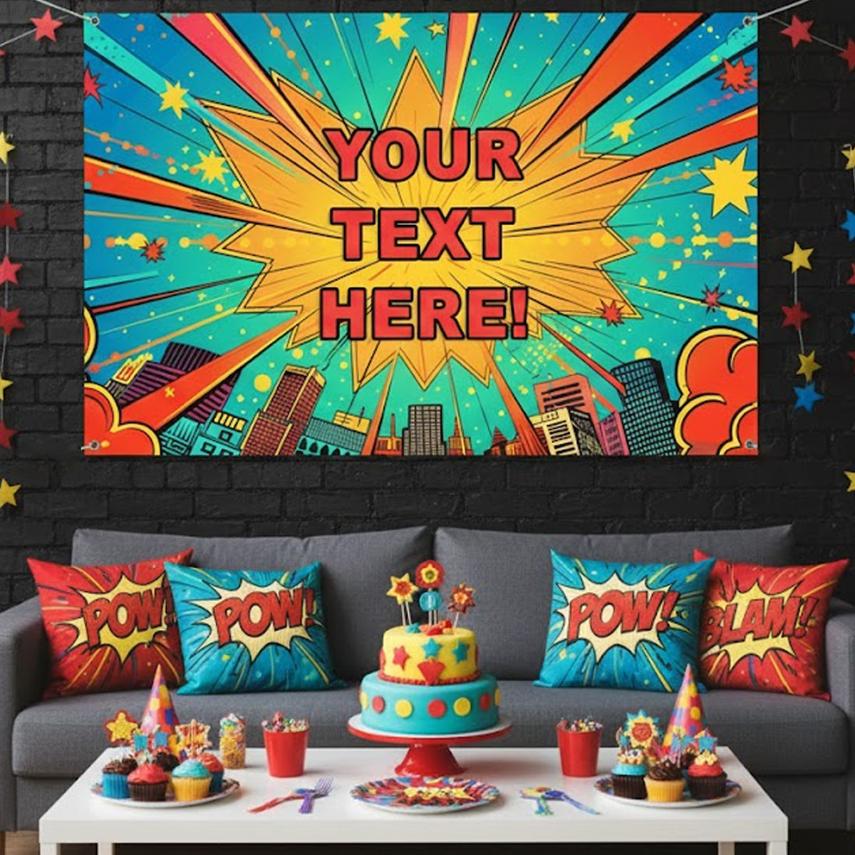 Colorful superhero-themed room with a cake and decorations on a couch.