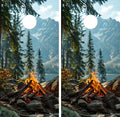 cornhole wraps featuring a campfire in a forest with mountains in the background.