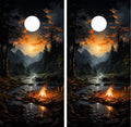 cornhole wraps featuring a forest scene with a campfire, mountains, and a full moon.