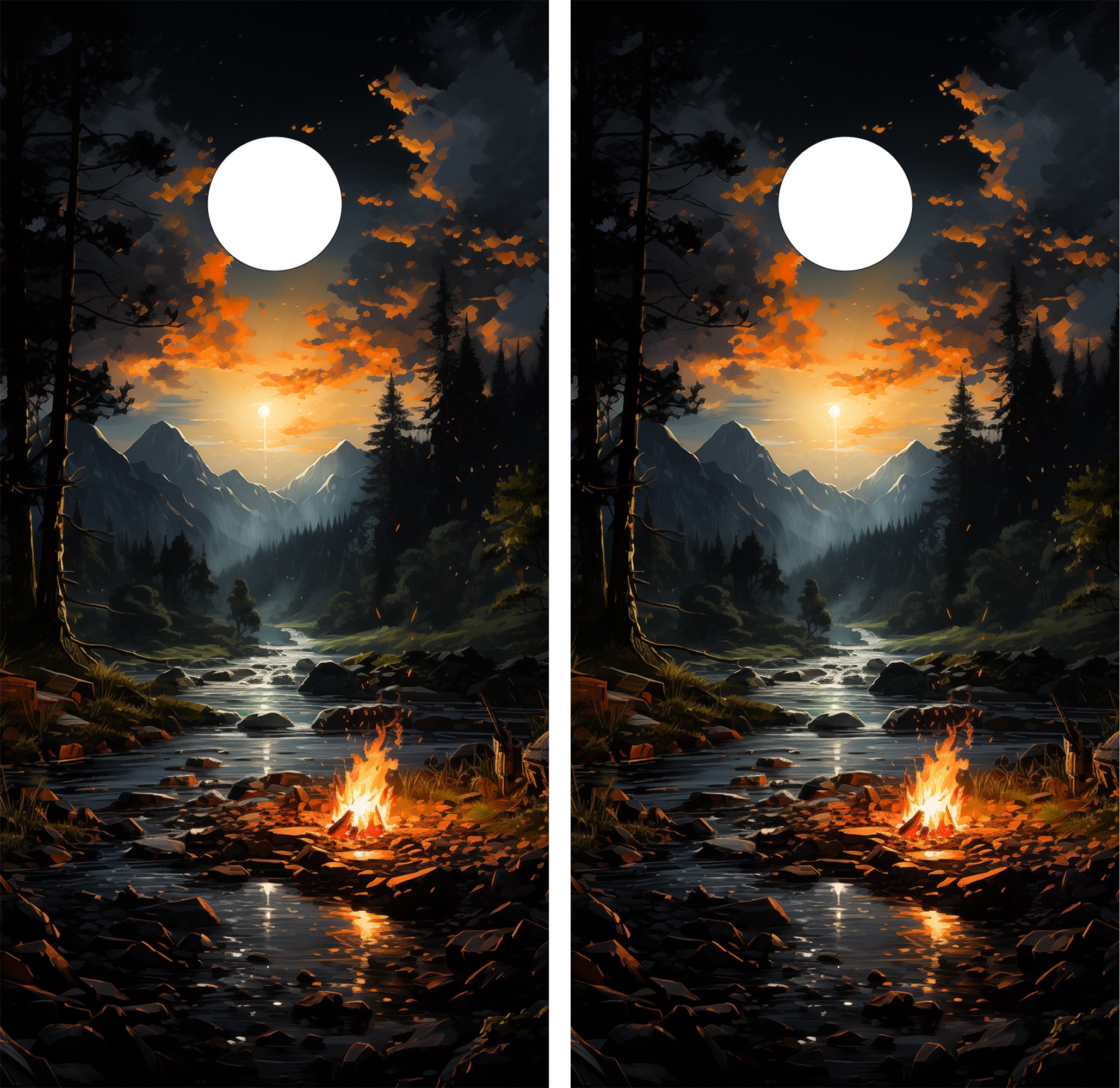 cornhole wraps featuring a forest scene with a campfire, mountains, and a full moon.