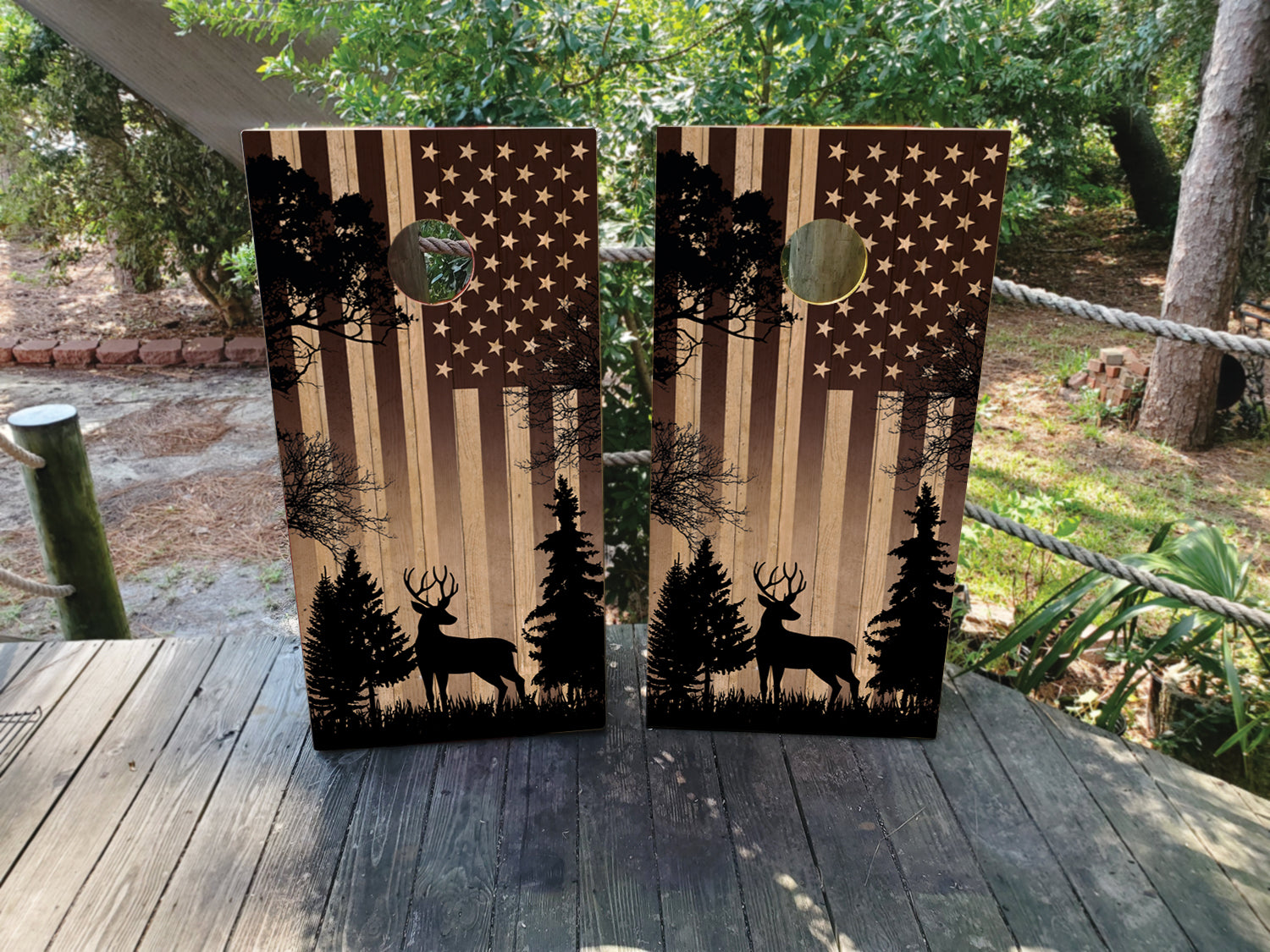 cornhole wraps featuring a usa flag and deer on wood grain