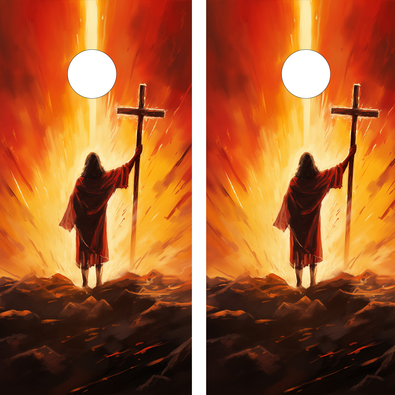 cornhole wraps showing a person holding a cross against a fiery background