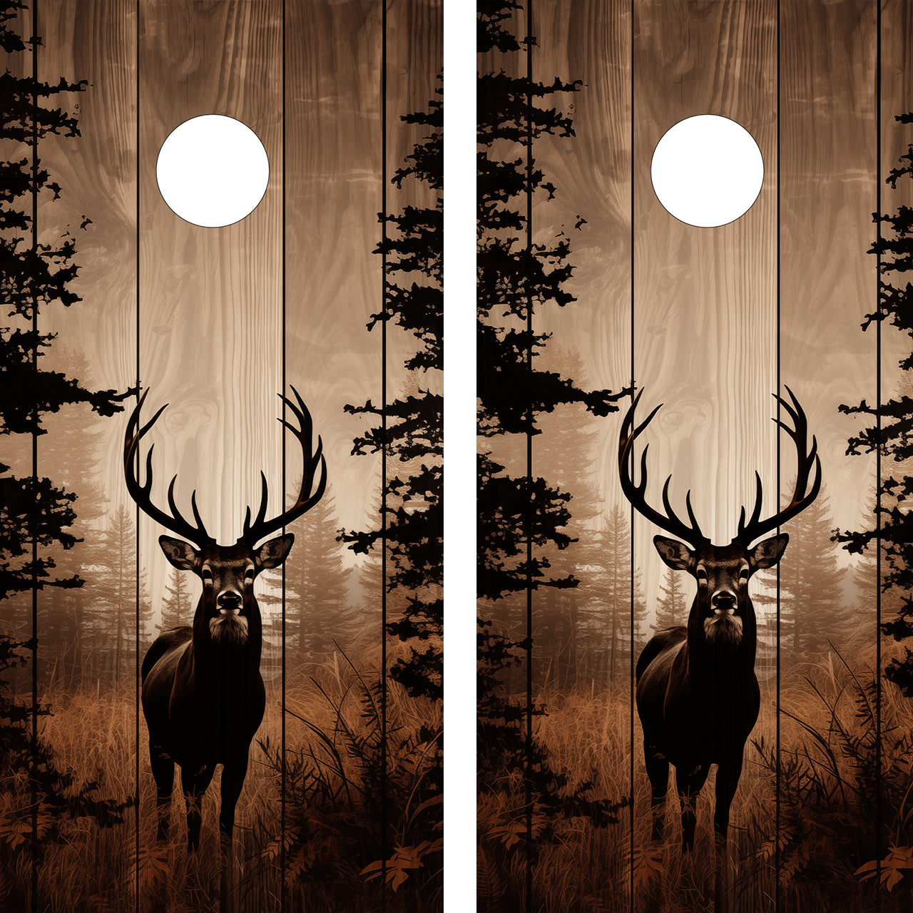 Two cornhole board designs featuring deer in a forest with trees