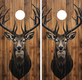 cornhole wraps featuring a deer on woodgrain