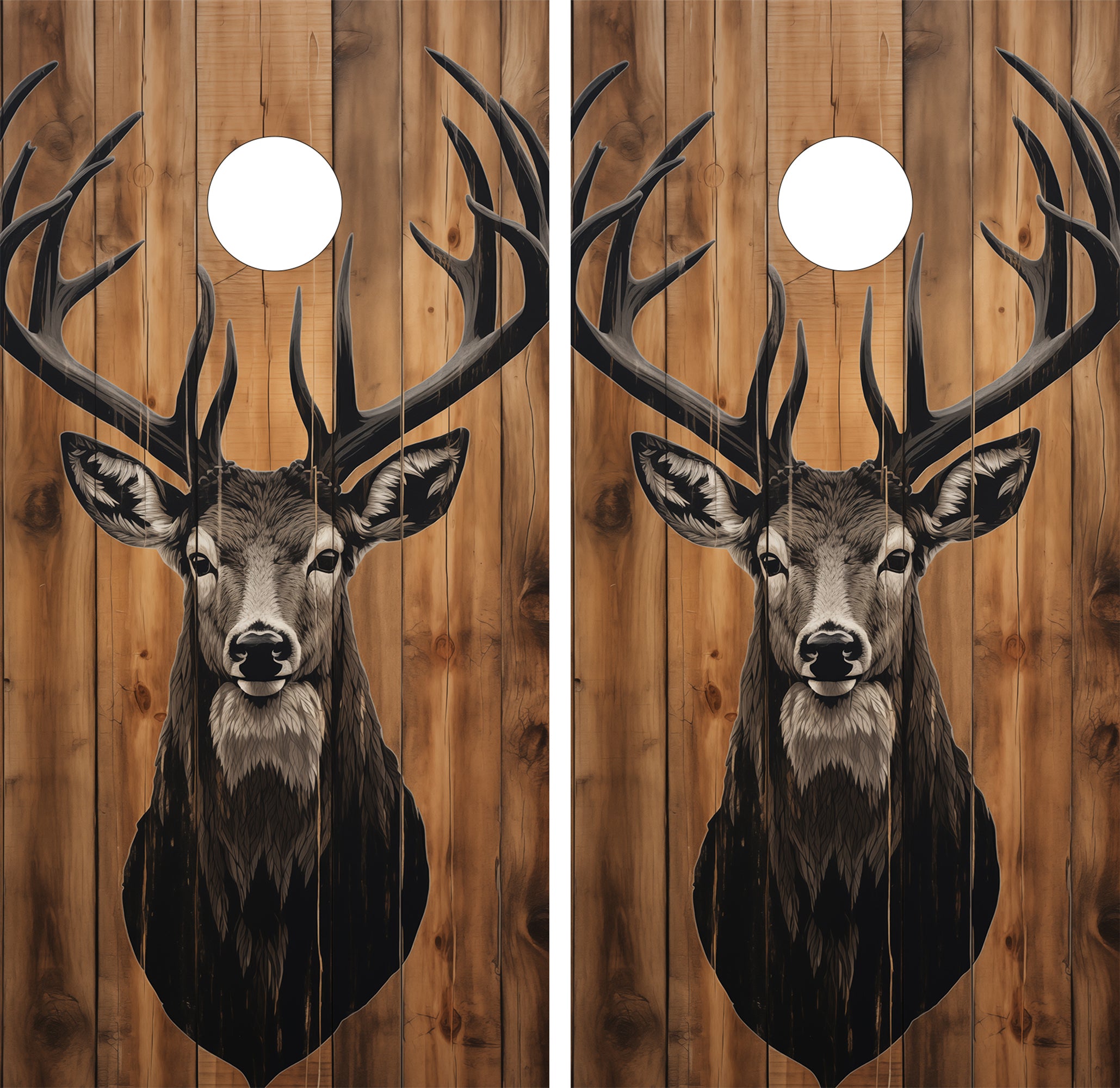 cornhole wraps featuring a deer on woodgrain