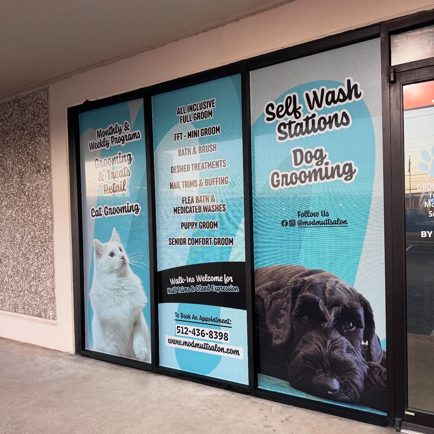 Advertisement for a pet grooming service with images of a white cat and black dog on a blue background.