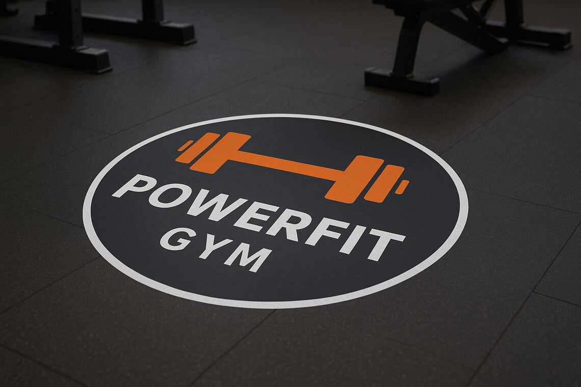 Powerfit Gym logo on a floor decal with gym equipment in the background