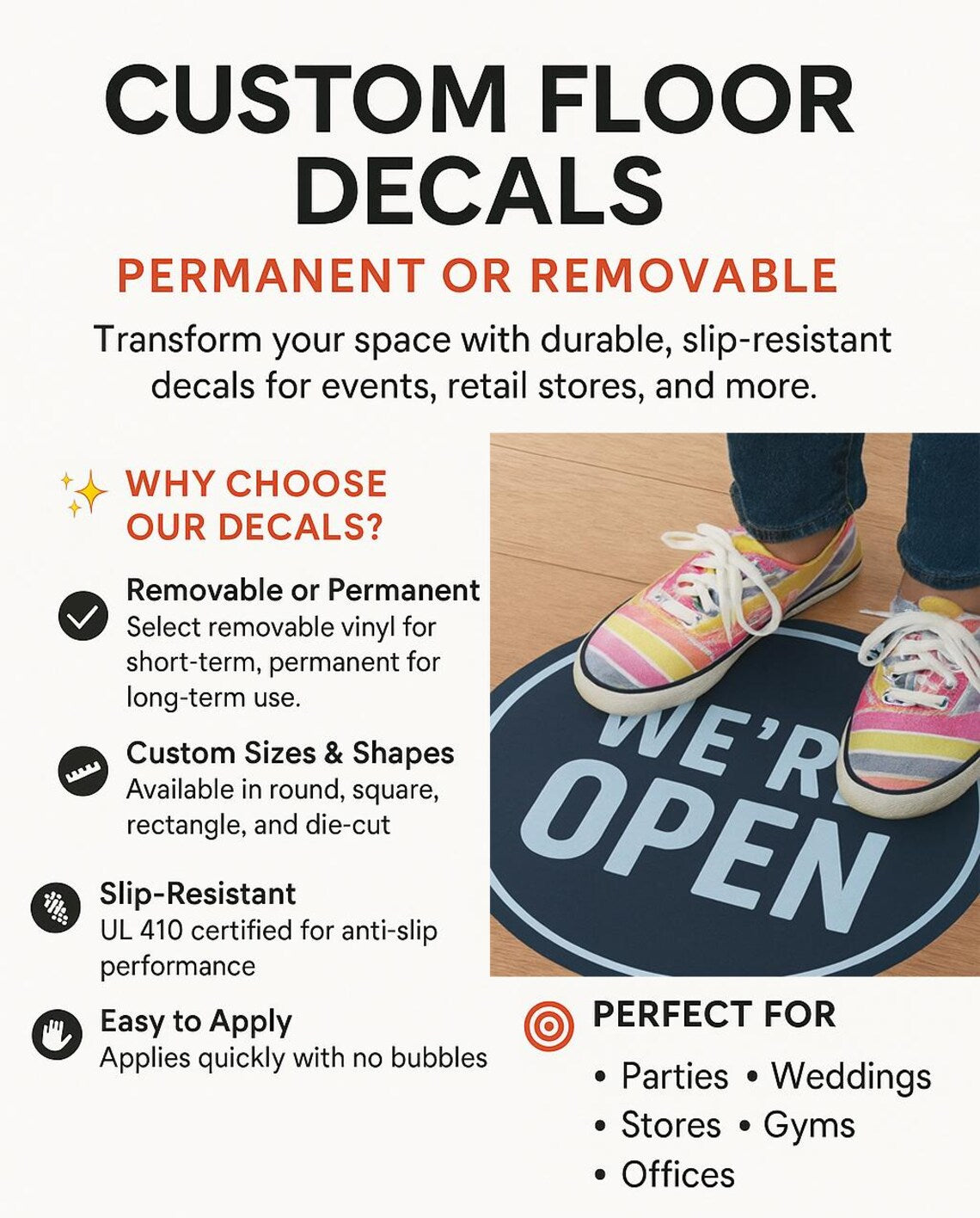 Promotional image of custom floor decals with 'WE'RE OPEN' design, showing shoes stepping onto a decal.